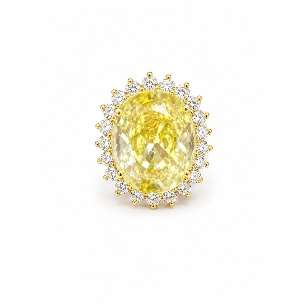 Statement Cocktail Ring – Oversized Yellow Crystal Halo Ring – Size 7